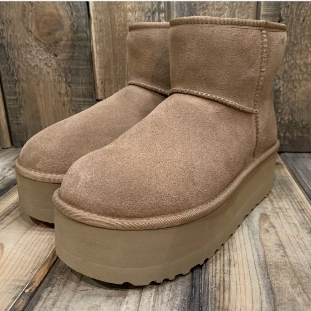 WOMENS UGG CLASSIC MINI PLATFORM BOOT CHESTNUT SUEDE SHEEPSKIN EUR 38